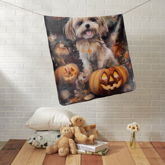 Halloween Lhasa Apso With Pumpkins Scary  Baby Blanket (In Situ)