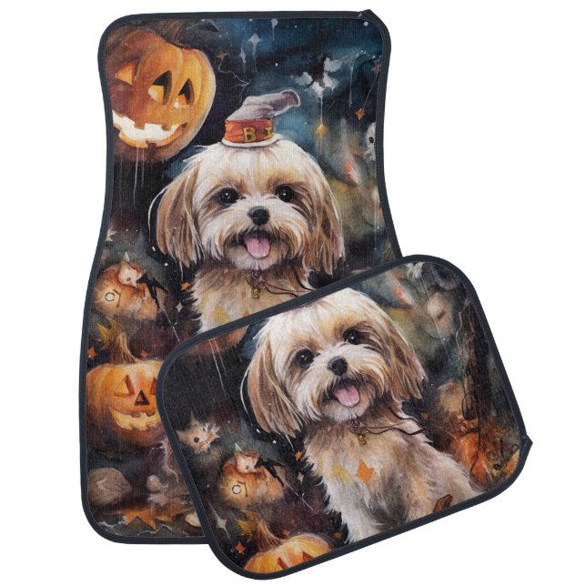 Halloween Lhasa Apso With Pumpkins Scary  Car Floor Mat (Set)