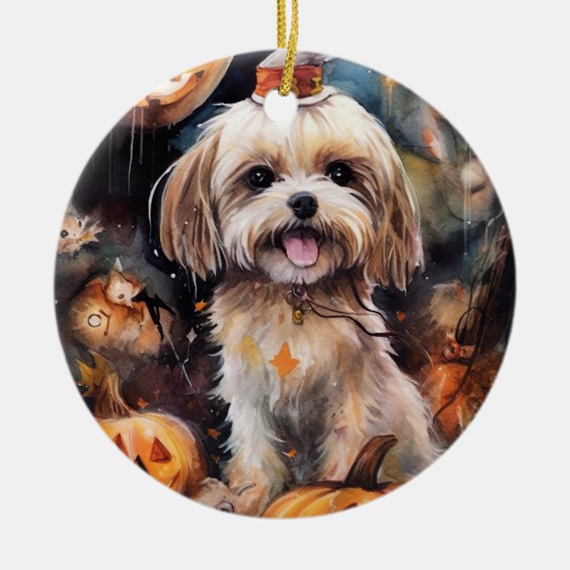 Halloween Lhasa Apso With Pumpkins Scary  Ceramic Ornament (Front)