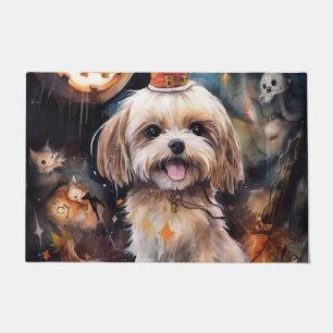 Halloween Lhasa Apso With Pumpkins Scary Doormat