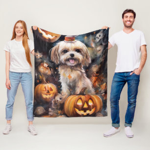 Halloween Lhasa Apso With Pumpkins Scary Fleece Blanket