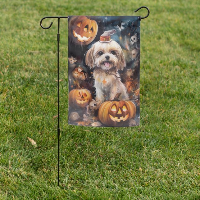 Halloween Lhasa Apso With Pumpkins Scary  Garden Flag (In SItu)