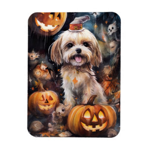 Halloween Lhasa Apso With Pumpkins Scary Magnet