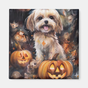 Halloween Lhasa Apso With Pumpkins Scary Magnet