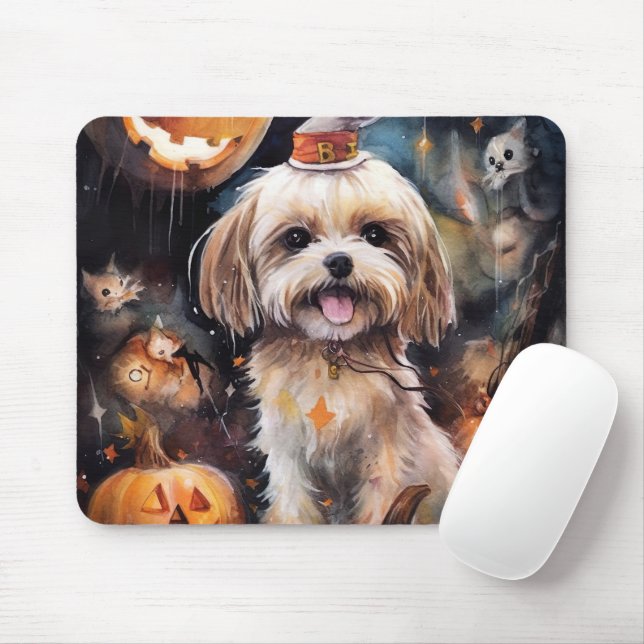 Halloween Lhasa Apso With Pumpkins Scary  Mouse Pad (With Mouse)