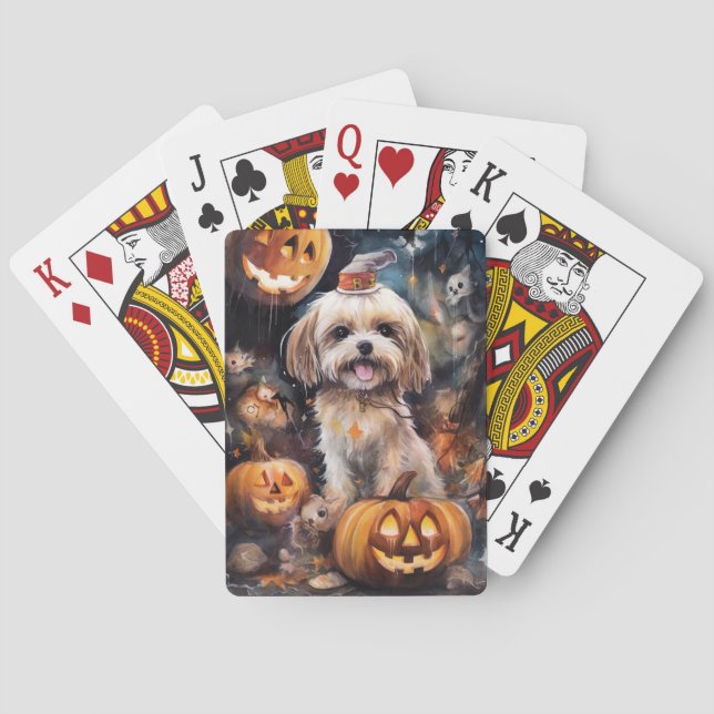 Halloween Lhasa Apso With Pumpkins Scary  Poker Cards (Back)