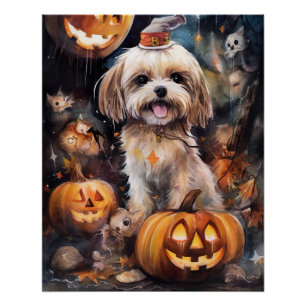 Halloween Lhasa Apso With Pumpkins Scary Poster