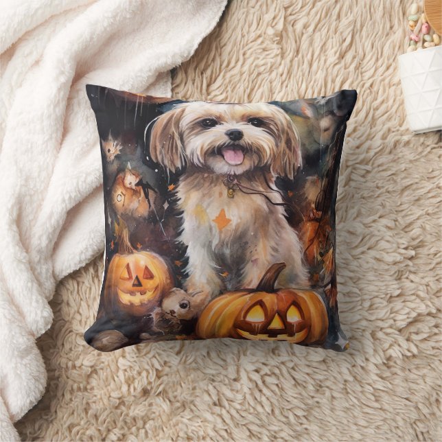 Halloween Lhasa Apso With Pumpkins Scary  Throw Pillow (Blanket)