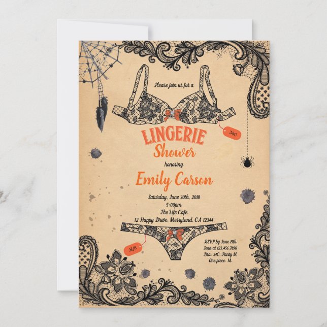 Halloween lingerie shower black lace witch brunch invitation (Front)