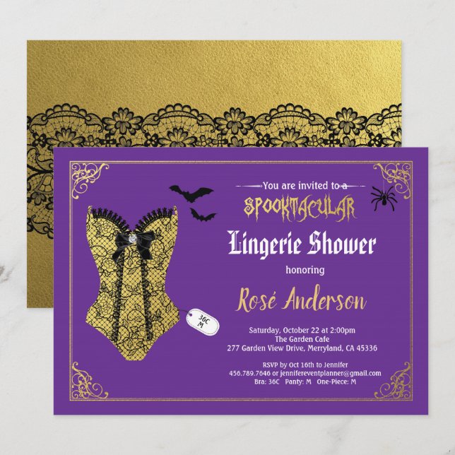Halloween lingerie shower purple black lace invitation (Front/Back)