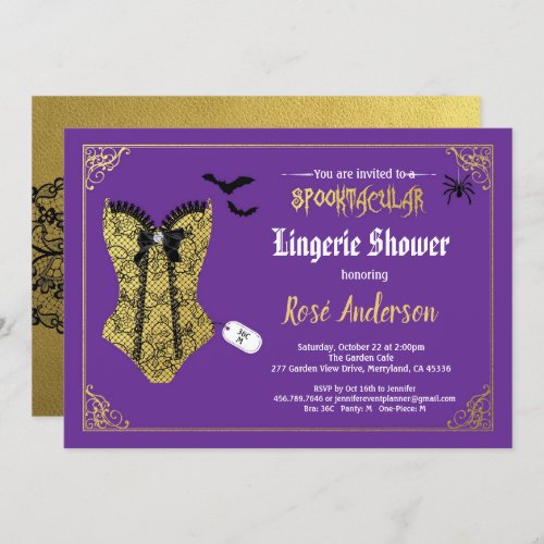 Halloween lingerie shower purple black lace invitation