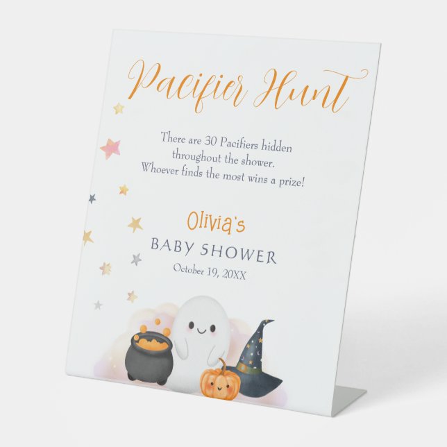 Halloween Little Boo Baby Shower Pacifier Hunt Pedestal Sign (Front)