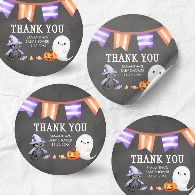 Halloween Little Boo Ghost Baby Shower Classic Round Sticker (Halloween A Little Boo is Almost Due Ghost Baby Shower Sticker)