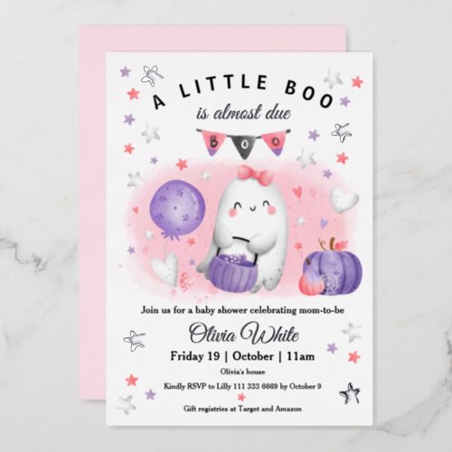 Halloween Little Boo Girl Pink Purple Baby Shower Foil Invitation