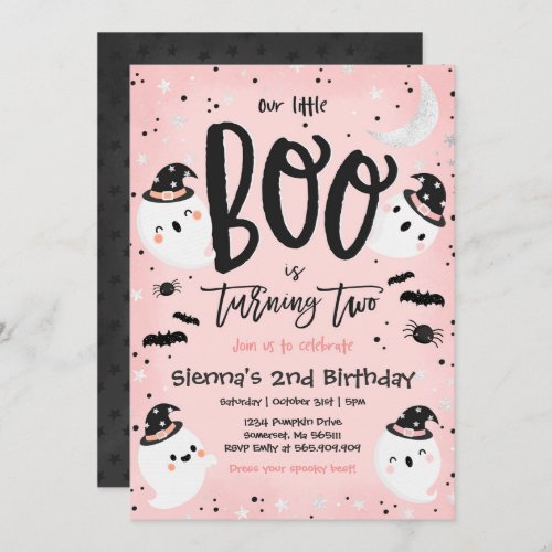 Halloween Little Boo Pink Ghost 2nd Birthday Party Invitation