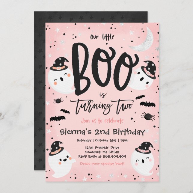 Halloween Little Boo Pink Ghost 2nd Birthday Party Invitation (Front/Back)