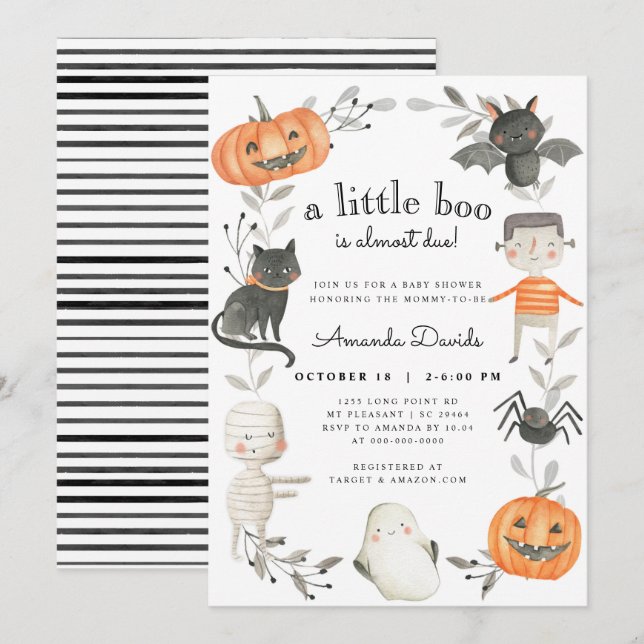 Halloween Little Boo Pumpkin Cute Fall Baby Shower Invitation (Front/Back)