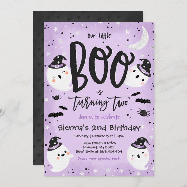 Halloween Little Boo Purple Ghost 2nd Birthday Invitation (Front/Back)