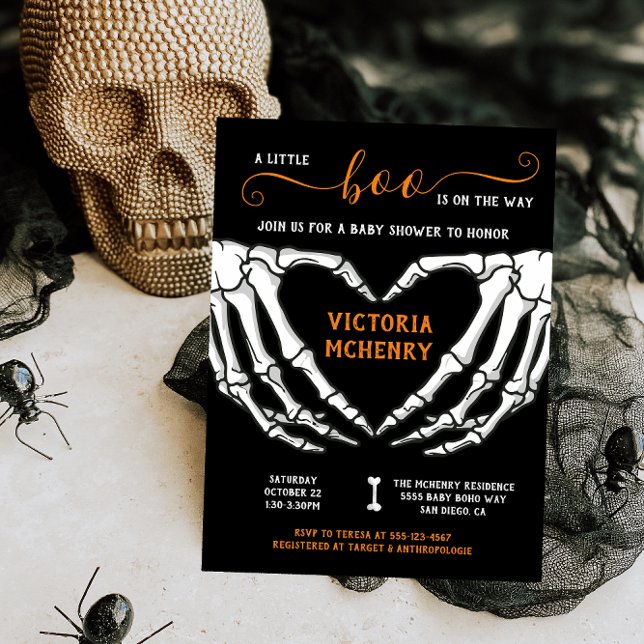 Halloween Little Boo Skeleton Heart Baby Shower Invitation (Creator Uploaded)