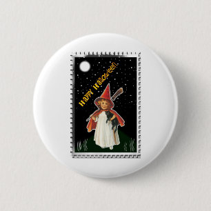 Halloween - Little Girl with Broom and Black Cat Button