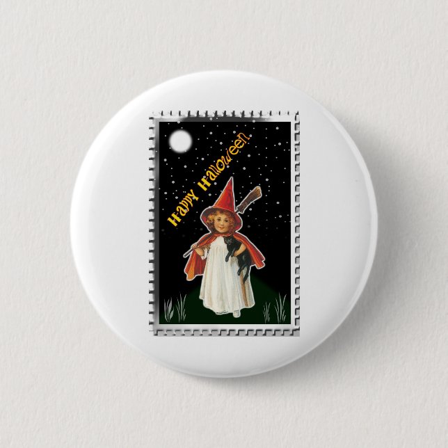 Halloween - Little Girl with Broom and Black Cat Button (Front)