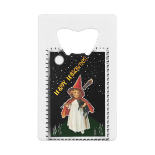 Halloween - Little Girl with Broom and Black Cat Credit Card Bottle Opener