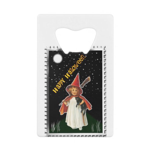 Halloween _ Little Girl with Broom and Black Cat Credit Card Bottle Opener