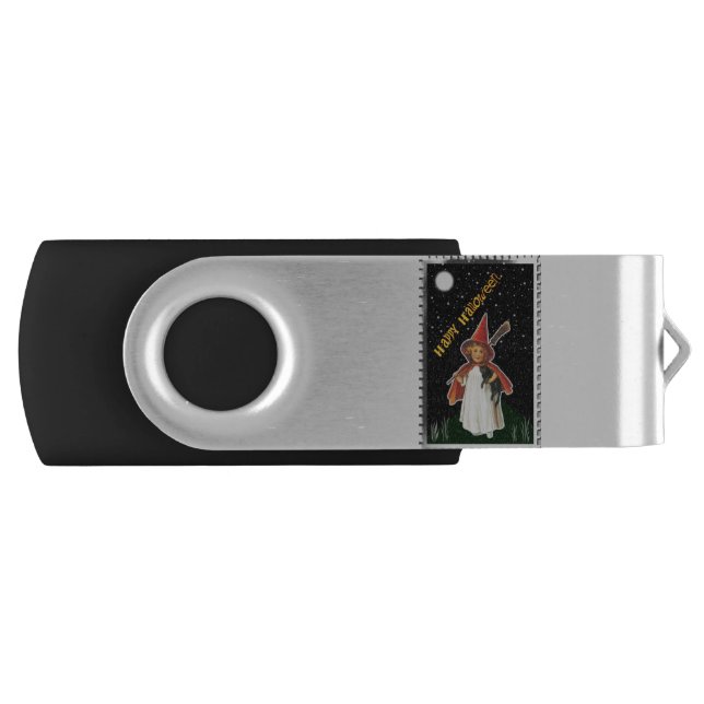 Halloween - Little Girl with Broom and Black Cat Flash Drive (Front)