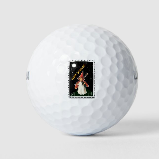 Halloween - Little Girl with Broom and Black Cat Golf Balls (Front)