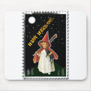 Halloween - Little Girl with Broom and Black Cat Mouse Pad