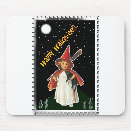 Halloween _ Little Girl with Broom and Black Cat Mouse Pad