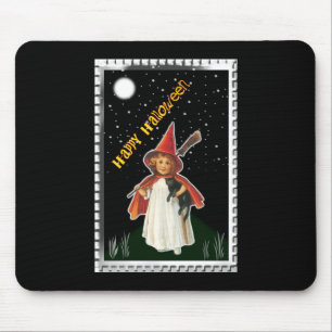 Halloween - Little Girl with Broom and Black Cat Mouse Pad