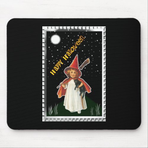 Halloween - Little Girl with Broom and Black Cat Mouse Pad