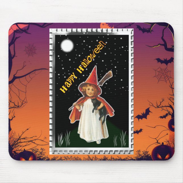 Halloween - Little Girl with Broom and Black Cat Mouse Pad (Front)