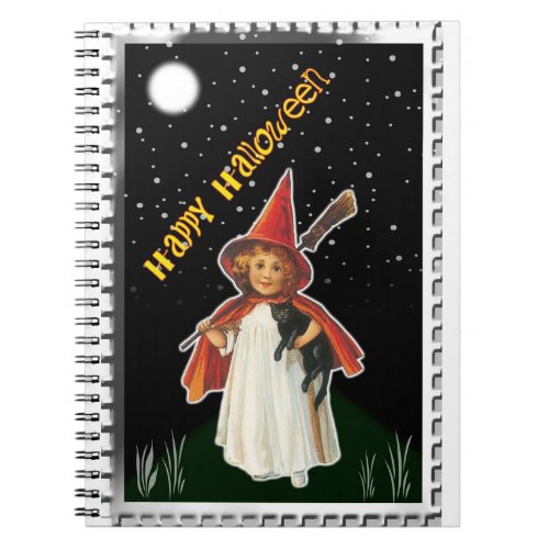 Halloween _ Little Girl with Broom and Black Cat Notebook