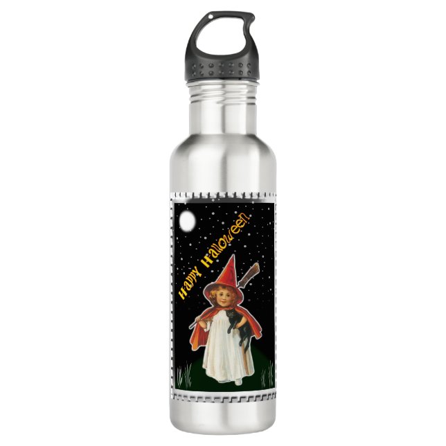 Halloween - Little Girl with Broom and Black Cat Stainless Steel Water Bottle (Front)