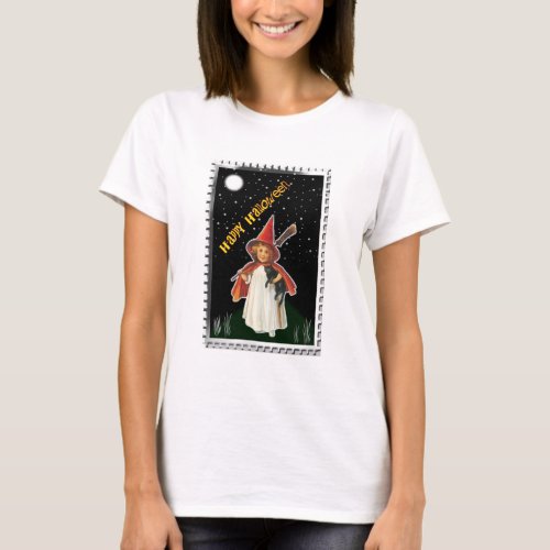 Halloween _ Little Girl with Broom and Black Cat T_Shirt