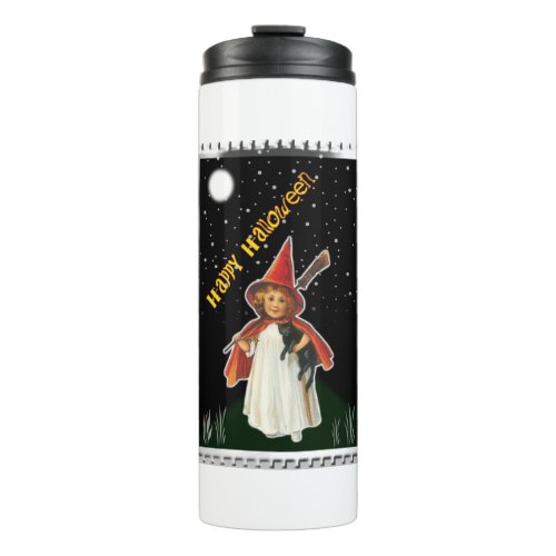 Halloween _ Little Girl with Broom and Black Cat Thermal Tumbler