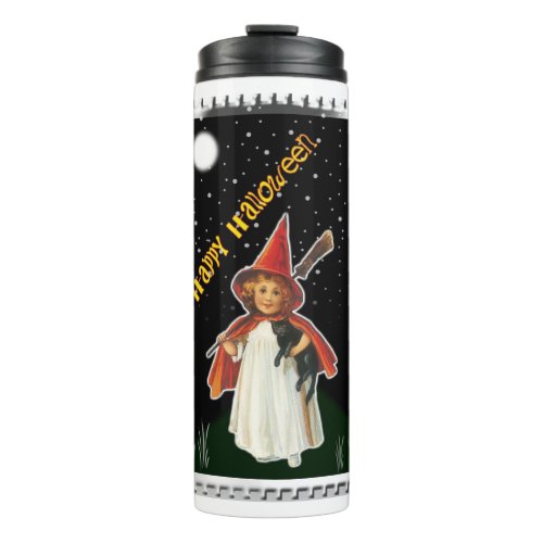 Halloween _ Little Girl with Broom and Black Cat Thermal Tumbler