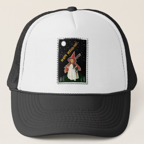 Halloween _ Little Girl with Broom and Black Cat Trucker Hat