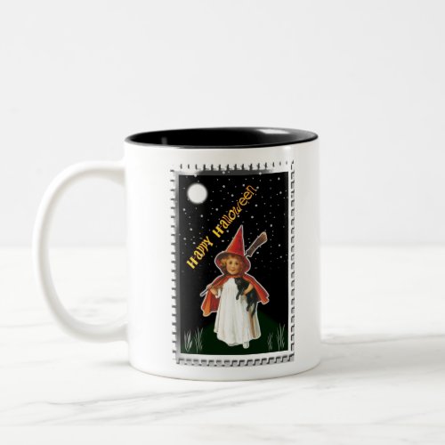 Halloween _ Little Girl with Broom and Black Cat Two_Tone Coffee Mug