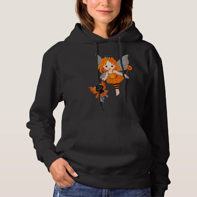 Halloween Little Orange Fairy With A Black Cat Hoodie (Front)