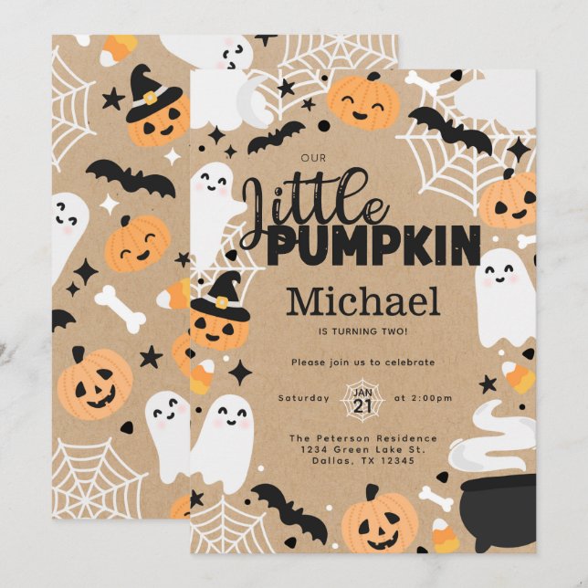 Halloween Little Pumpkin Ghost Birthday Party Invitation (Front/Back)