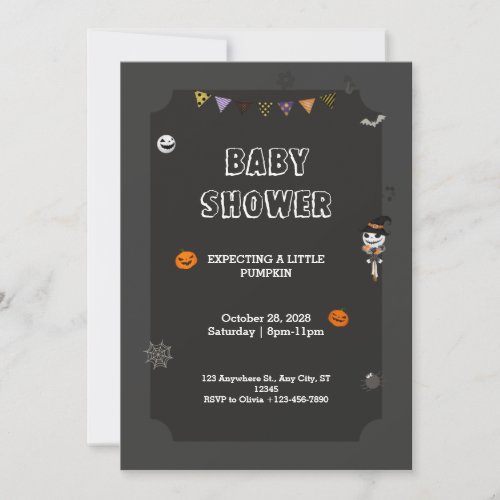 Halloween Little pumpkin Spooky Black Baby Shower Invitation