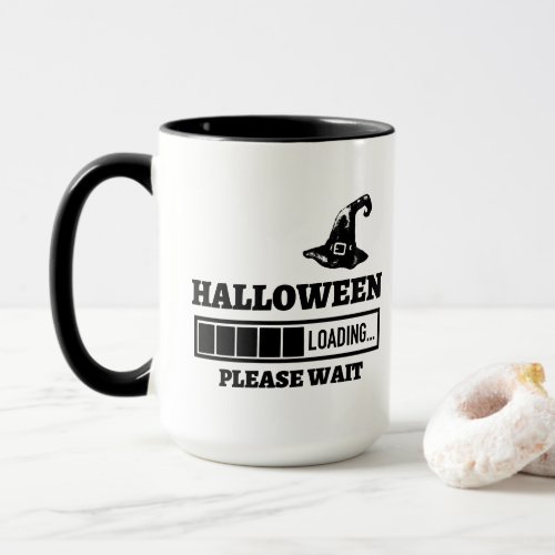 Halloween loading please wait text black and white mug