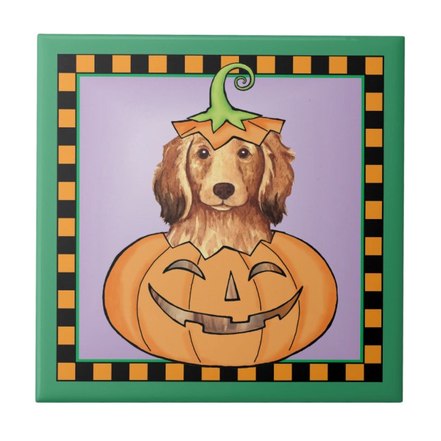 Halloween Longhaired Dachshund Ceramic Tile (Front)