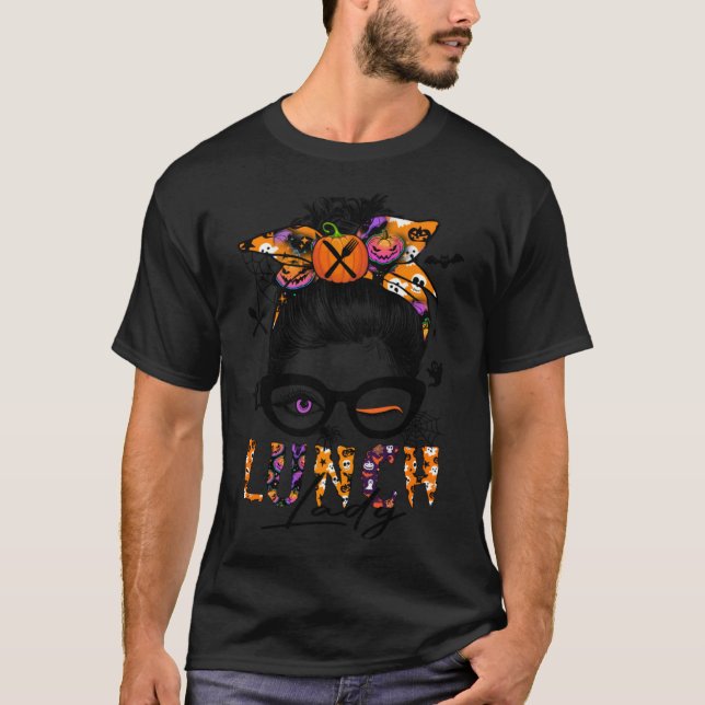 Halloween Lunch Lady-Messy Bun Hair-Cool Pumpkin-C T-Shirt (Front)