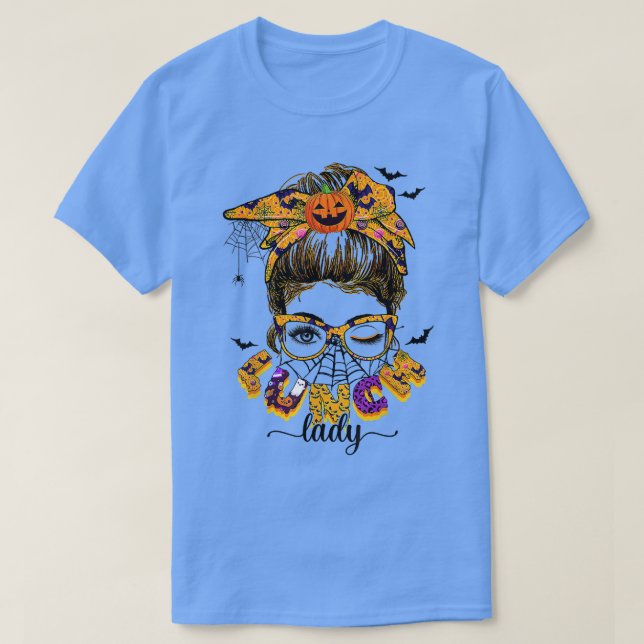 Halloween Lunch Lady Messy Bun Spooky Season Lunch T-Shirt (Design Front)