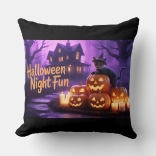 Halloween Magic–Adorable Cats & Flickering Pumpkin Throw Pillow