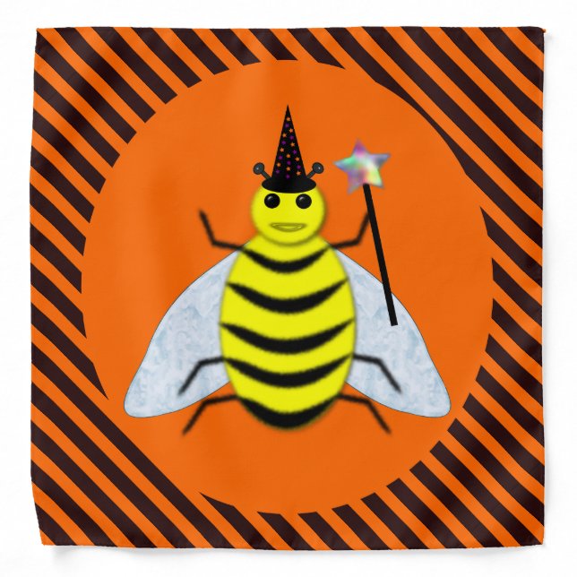 Halloween Magic Bee Witch Orange and Black Stripes Bandana (Front)